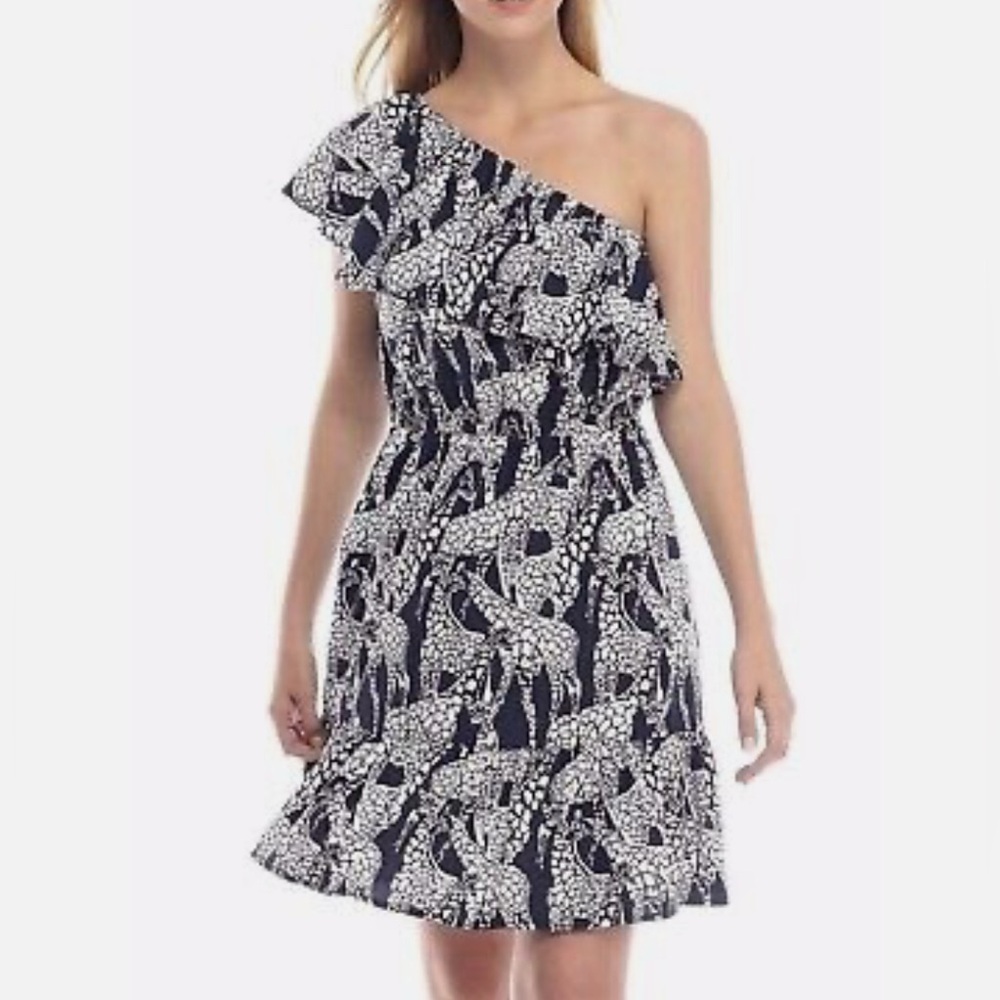 Crown & Ivy 1 Shoulder Asymetrical Ruffled Neckline Smocked Animal Print Dress M